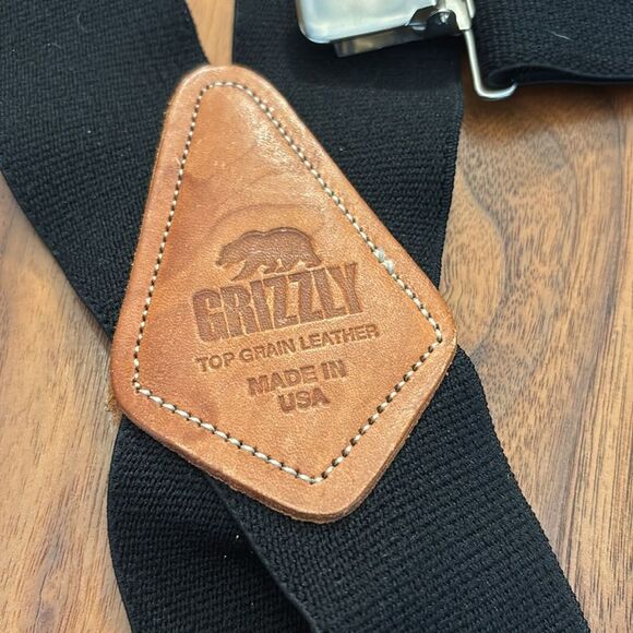 Grizzly Black Suspenders with Brown Leather Patch Made in USA 2” Diameter - Picture 2 of 4